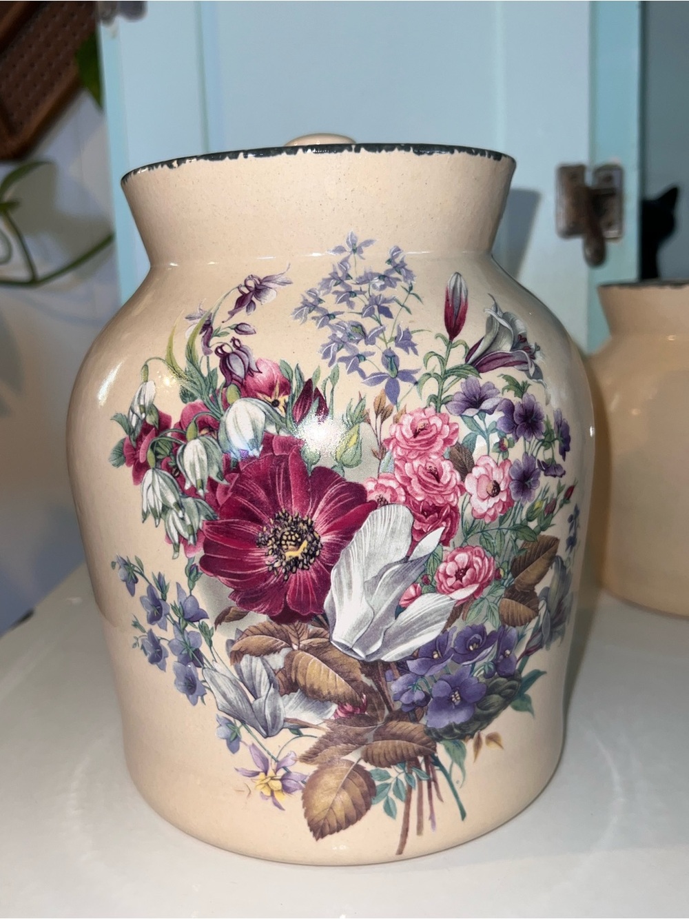 Cream Floral Ceramic Canister with Pink & Purple Bouquet